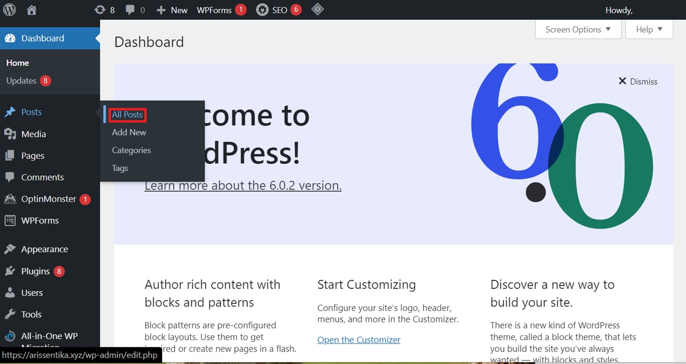 memilih opsi add post di dashboard wordpress