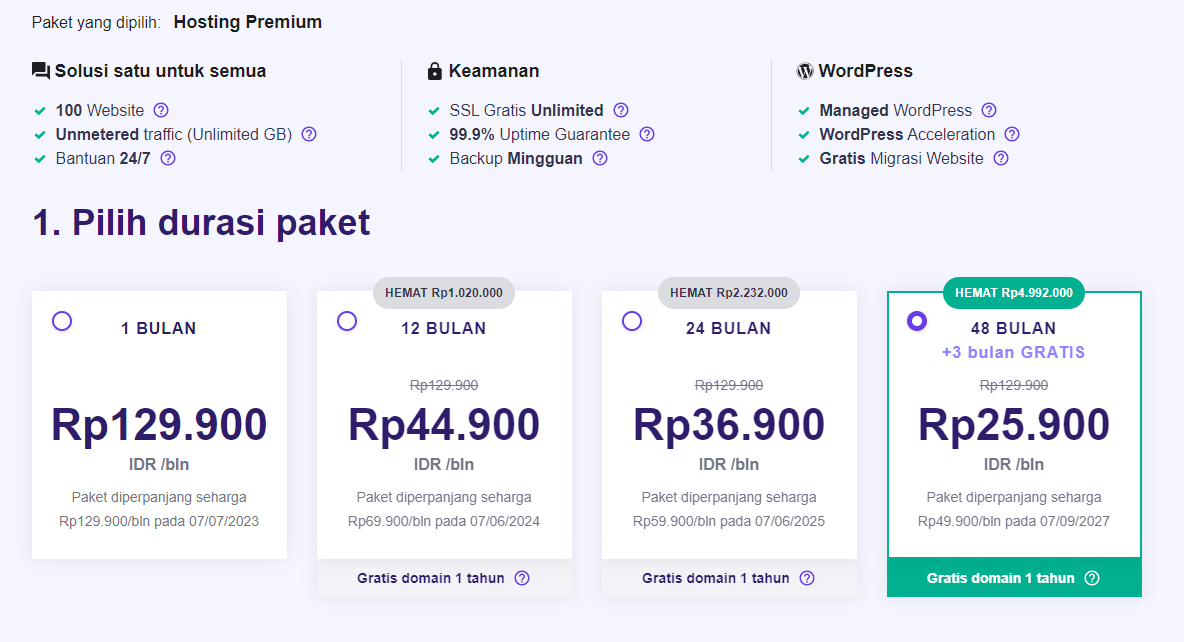 pilihan durasi paket yang ada di hostinger