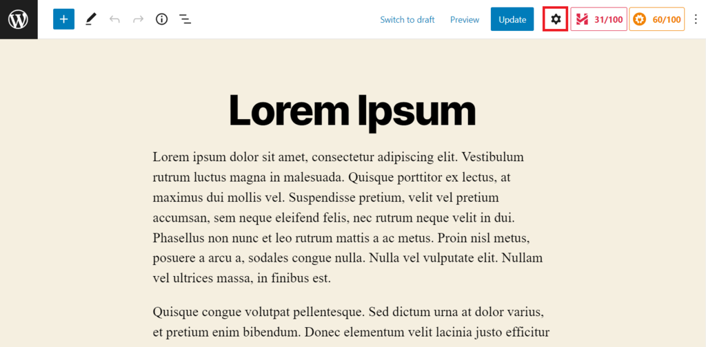 memilih ikon roda gigi di editor wordpress untuk membuka pengaturan
