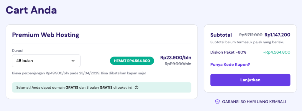tampilan halaman cart untuk membeli hosting di hostinger
