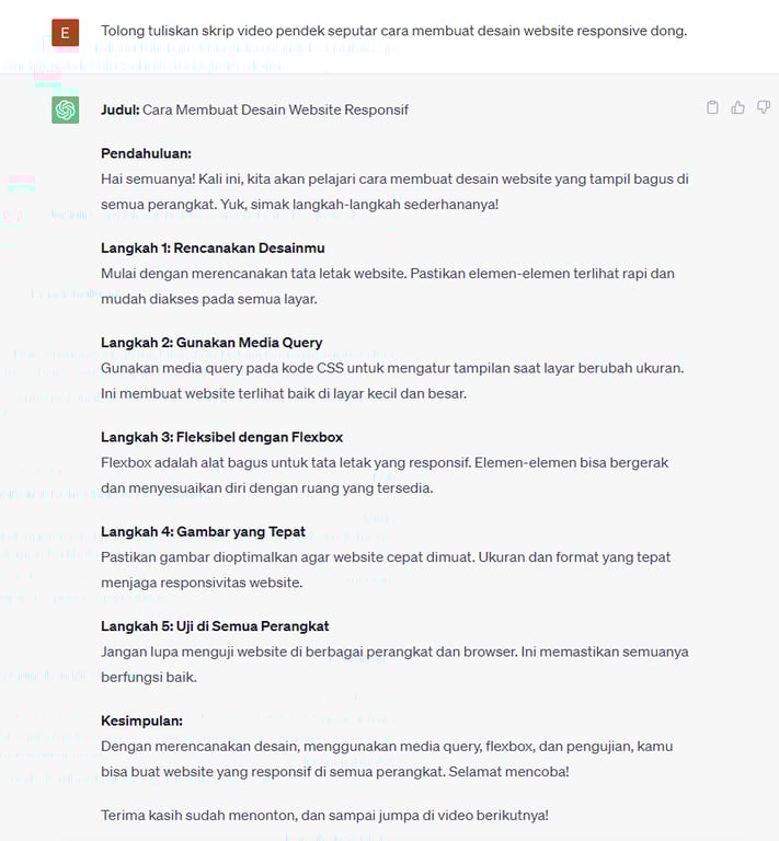 hasil untuk membuat skrip video singkat saat buat konten website dengan chatgpt