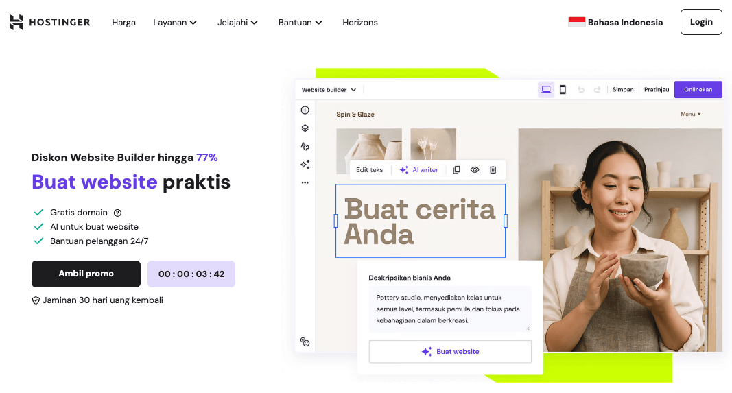 homepage website builder hostinger indonesia menampilkan seorang wanita memegang karya pottery