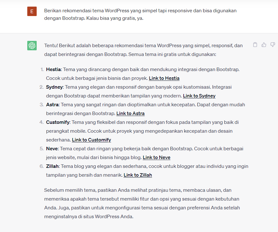 jawaban chatgpt untuk rekomendasi tema website terbaik dan gratis