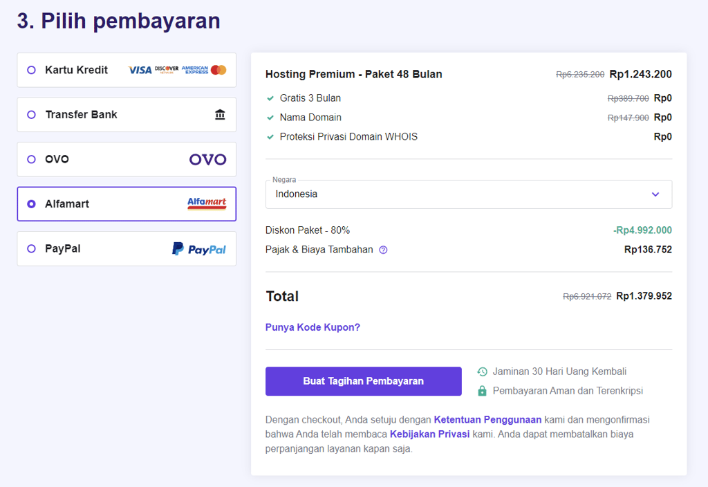 menyelesaikan pembelian hosting di halaman pembayaran hostinger