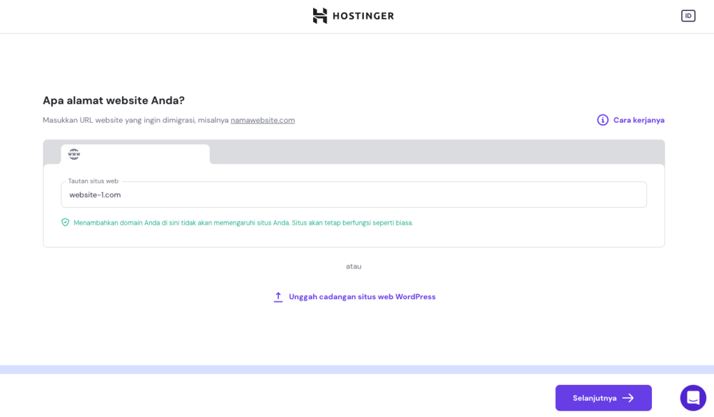 tampilan proses migrasi website dalam onboarding hostinger