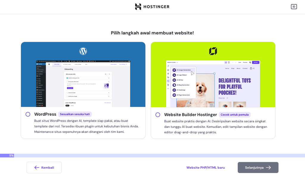 tampilan proses onboarding untuk memilih platform website