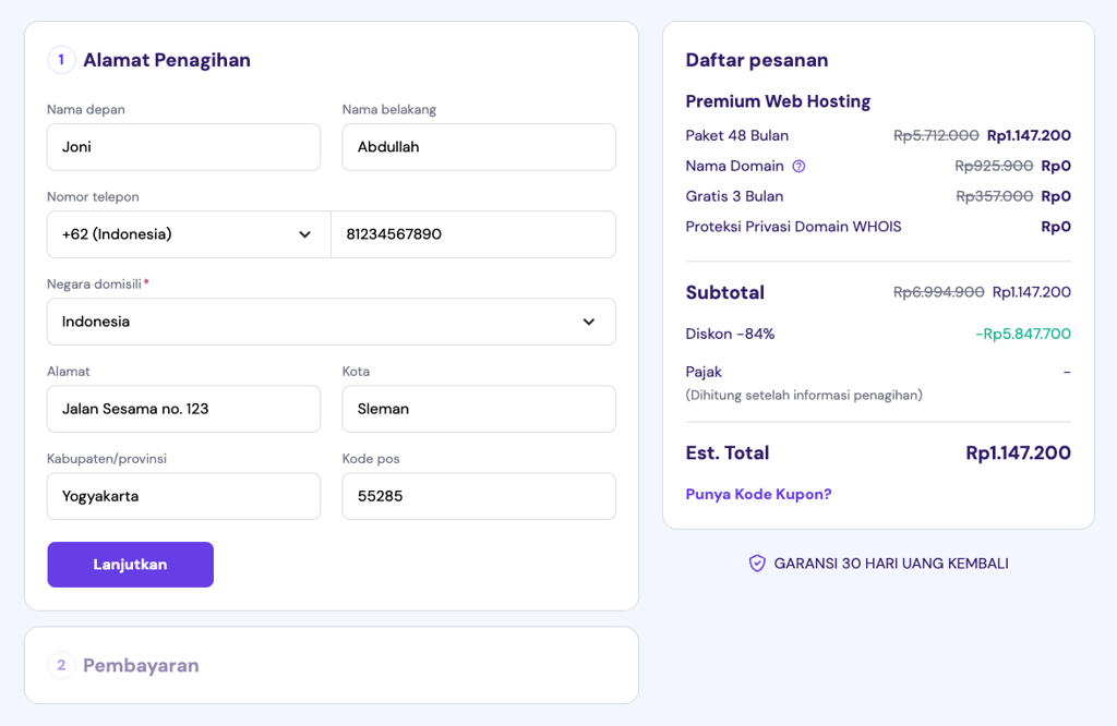 tampilan halaman pembayaran saat beli hosting di hostinger