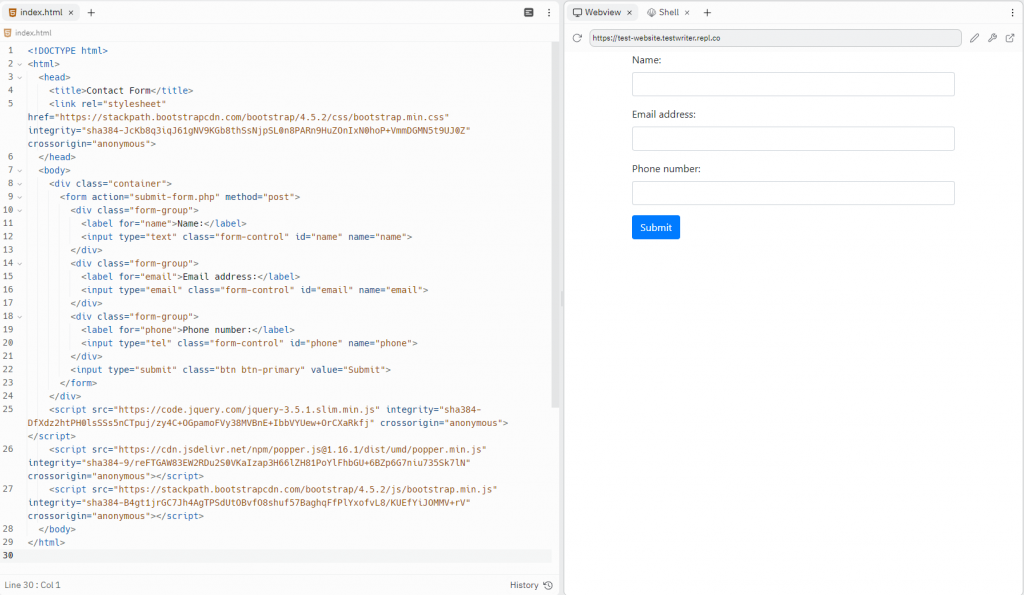 pengujian kode formulir kontak di replit