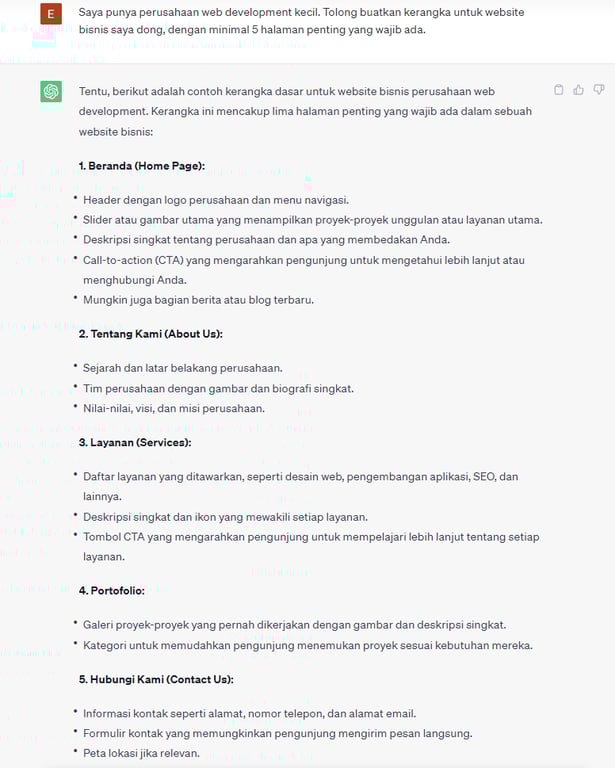 rekomendasi kerangka website yang diberikan chatgpt untuk buat website