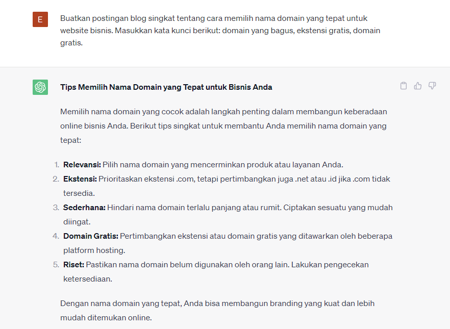 respons chatgpt ketika diminta memberikan saran memilih nama domain yang tepat