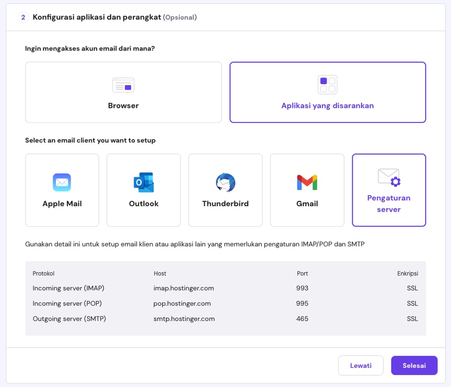 menghubungkan aplikasi mail client pada konfigurasi email hostinger
