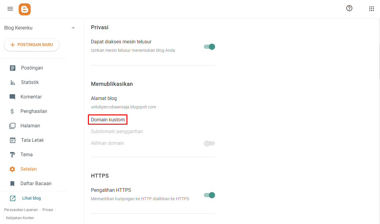 bagian custom domain di pengaturan blogger