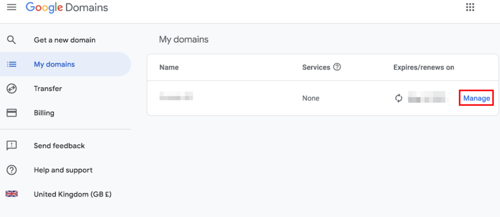 bagian domain saya di Google Domains dengan tombol kelola yang disorot