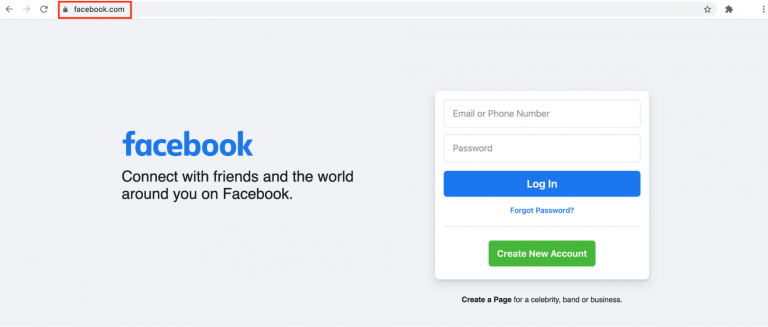 homepage facebook dengan domain yang disorot di kolom alamat browser