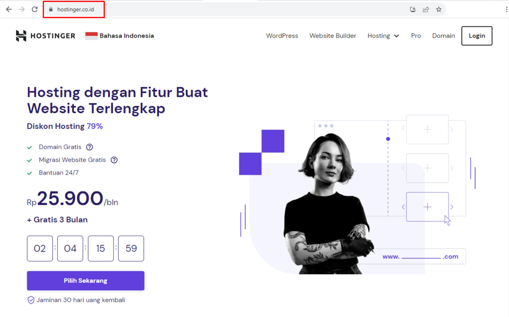 homepage hostinger dengan domain yang disorot di kolom alamat browser