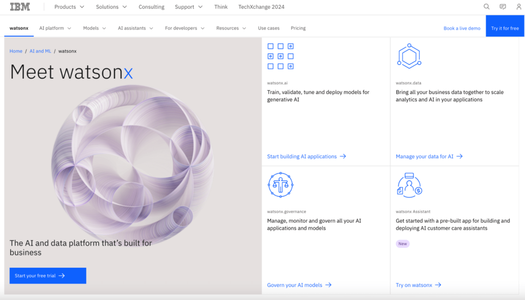 homepage watsonx, platform untuk ai chatbot dari ibm