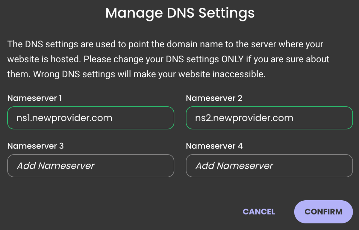 kolom untuk mengisi nameservers di website siteground