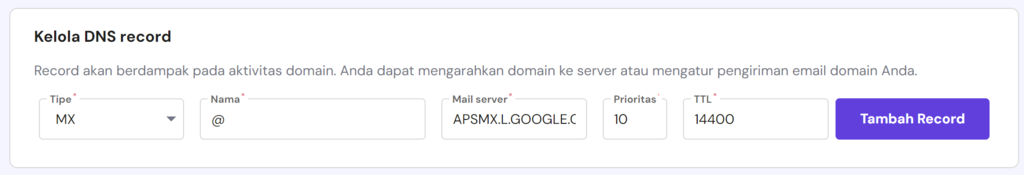 proses menambahkan mx record google workspace di dns zone editor hpanel