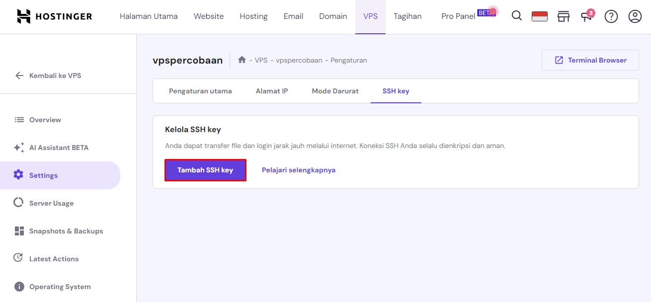 menambahkan ssh key di vps hpanel