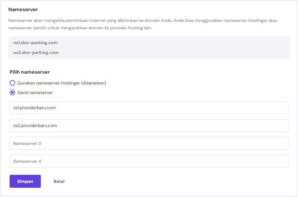 mengisi nameserver untuk mengarahkan domain ke nameserver provider baru