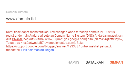 record yang diberikan google untuk menghubungkan domain ke blogspot