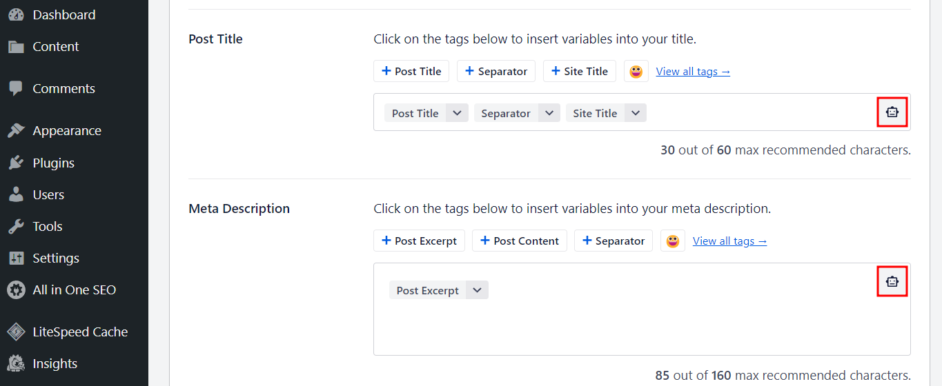 bagian post title dan meta description aioseo