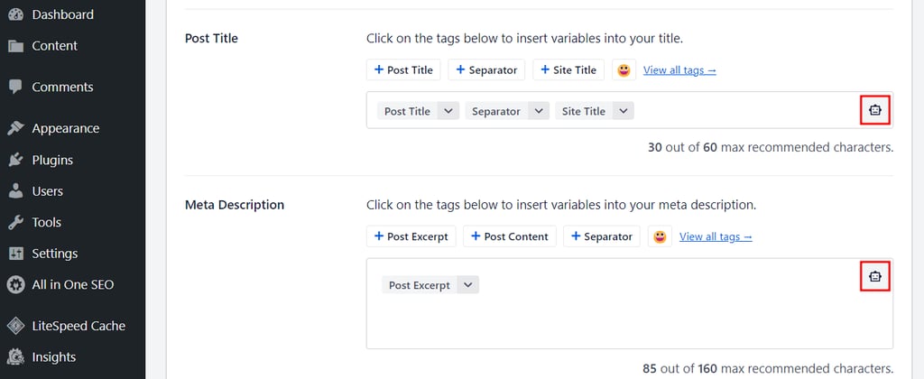 bagian post title dan meta description aioseo