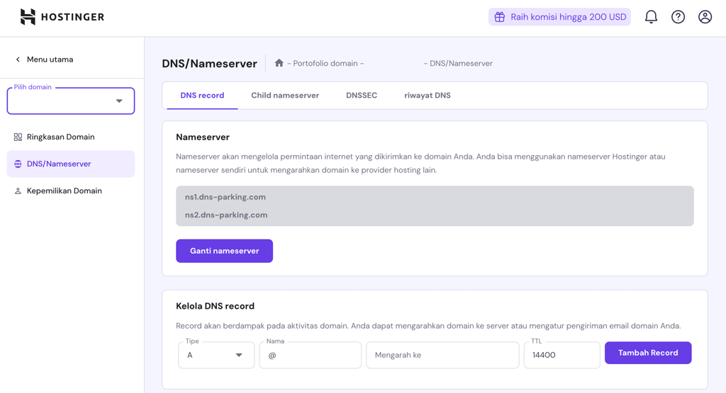 tampilan bagian dns/nameserver di hpanel