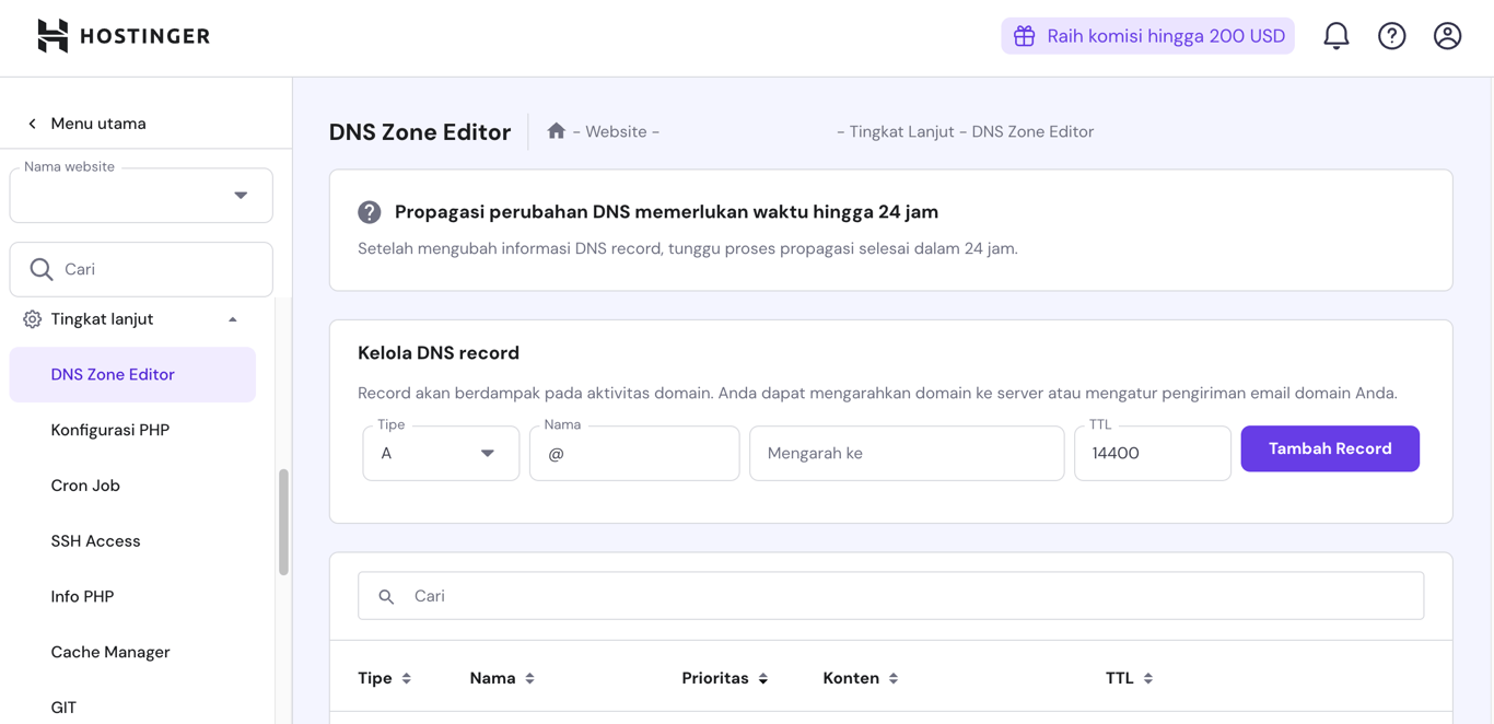 tampilan halaman utama dns zone editor hpanel