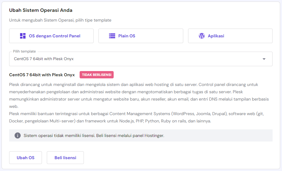 menu untuk mengubah sistem operasi VPS di hPanel