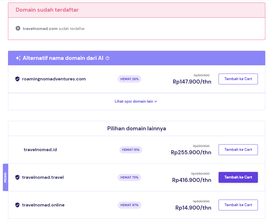 saran nama alternatif domain yang sudah tidak tersedia