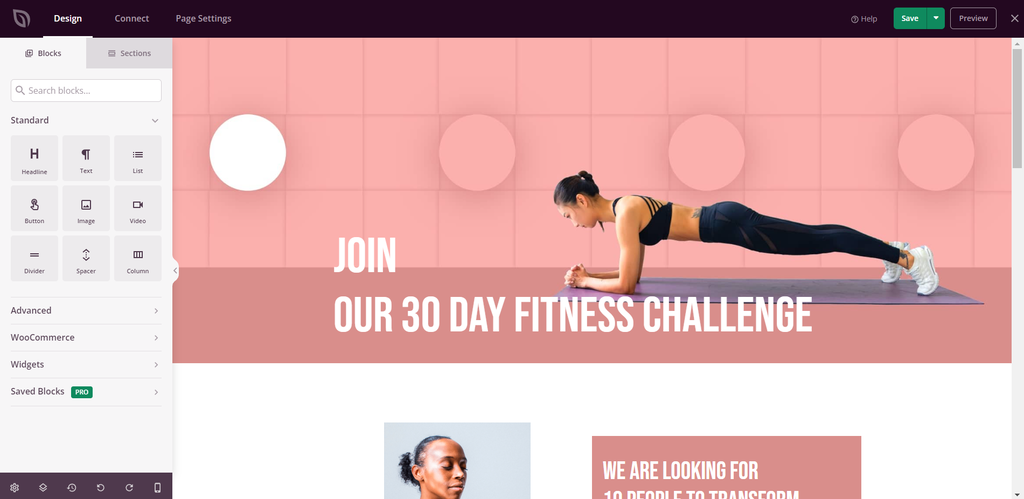 dashboard page builder SeedProd menampilkan block yang tersedia dan area pengeditan
