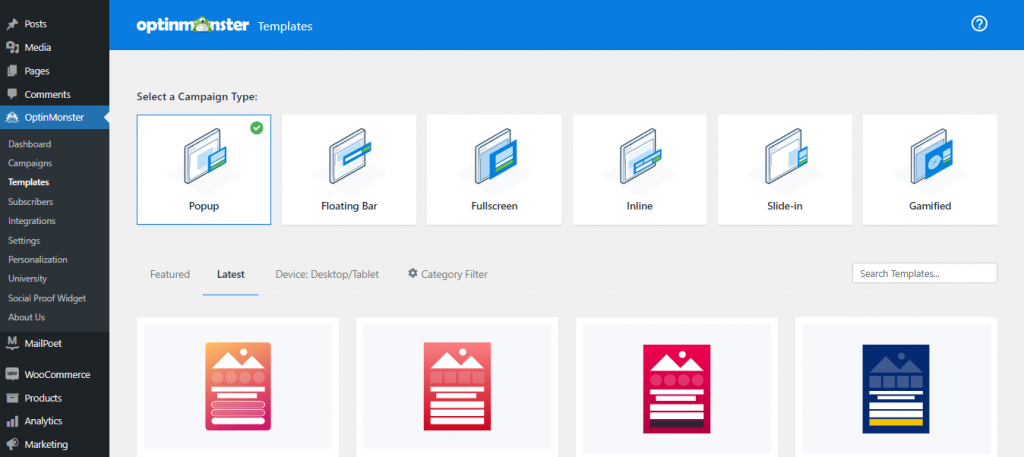 halaman pengaturan OptinMonster di dashboard WordPress menampilkan berbagai jenis campaign dan template
