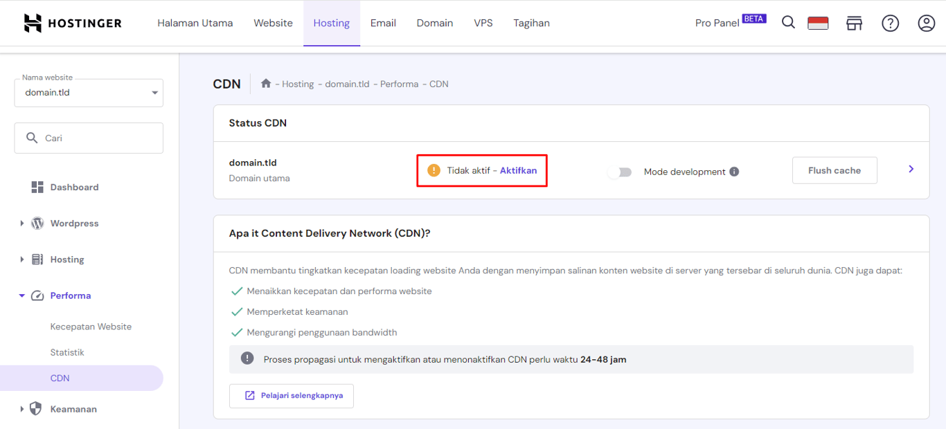 mengaktifkan cdn di hpanel hostinger