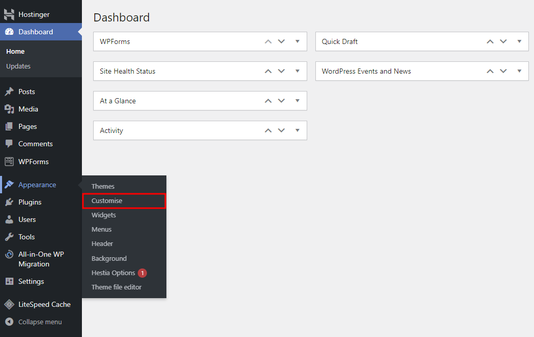 menu sesuaikan tampilan wordpress di dashboard