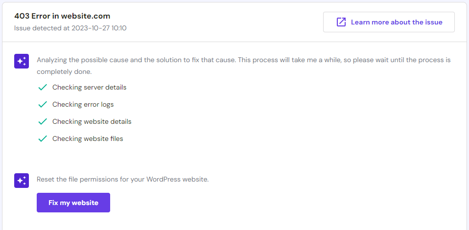 tampilan ai troubleshooter untuk mengatasi 403 forbidden