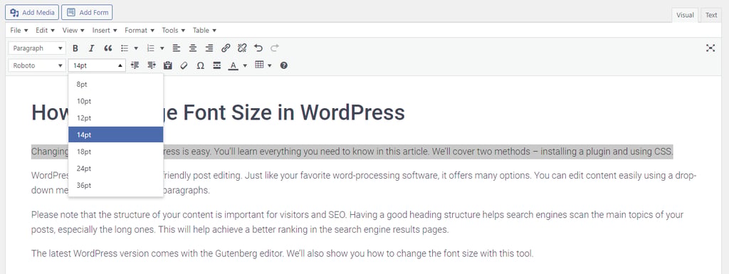 ukuran font di classic editor wordpress