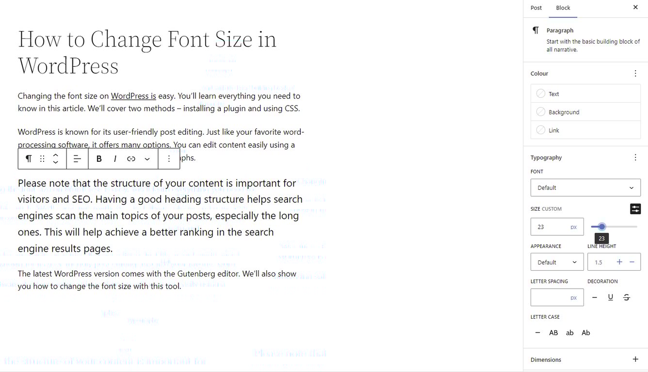wordpress gutenberg editor slider ukuran typography