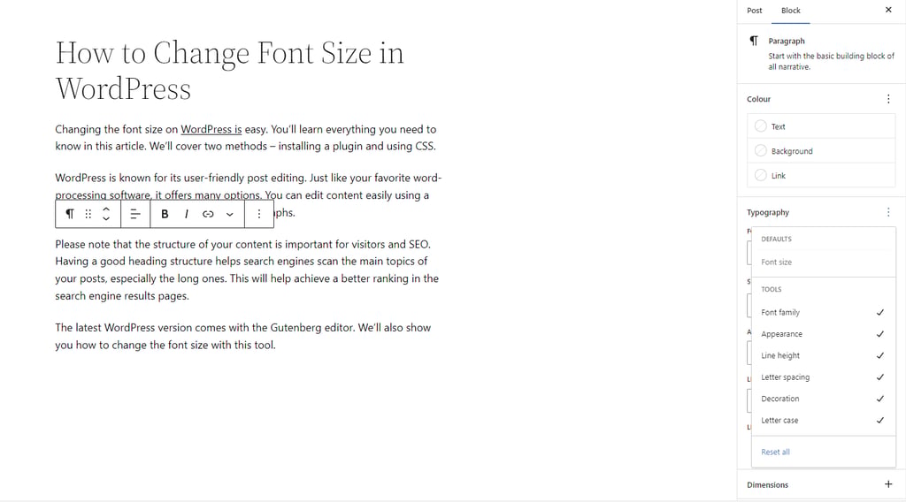 wordpress gutenberg editor typography