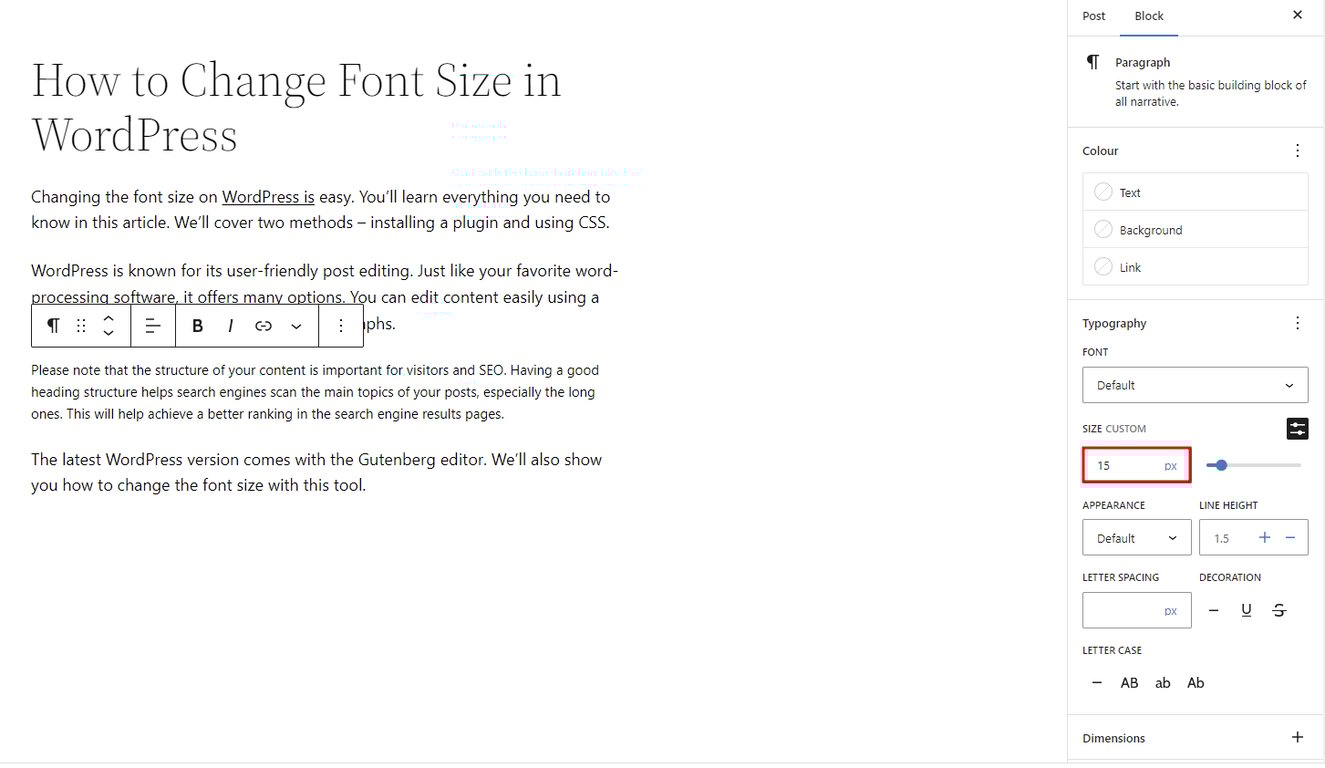 wordpress gutenberg editor ukuran kustom typography