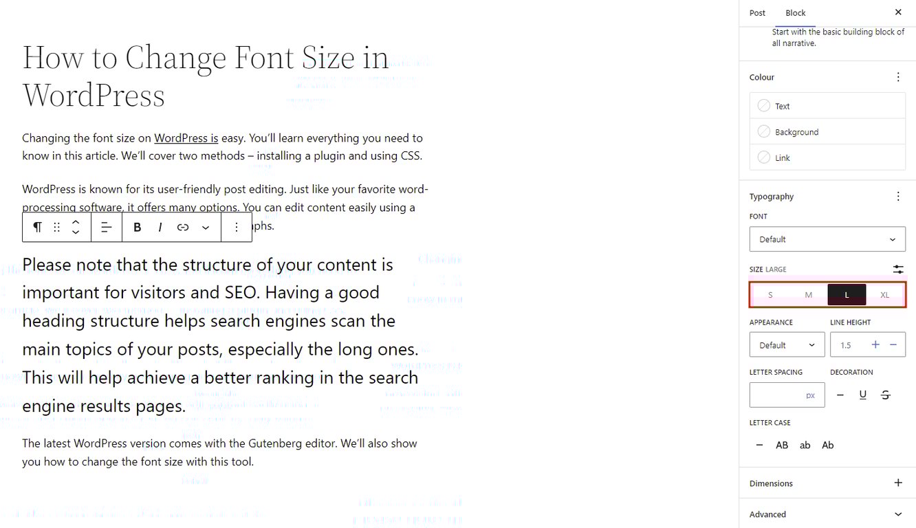 wordpress gutenberg editor ukuran preset typography