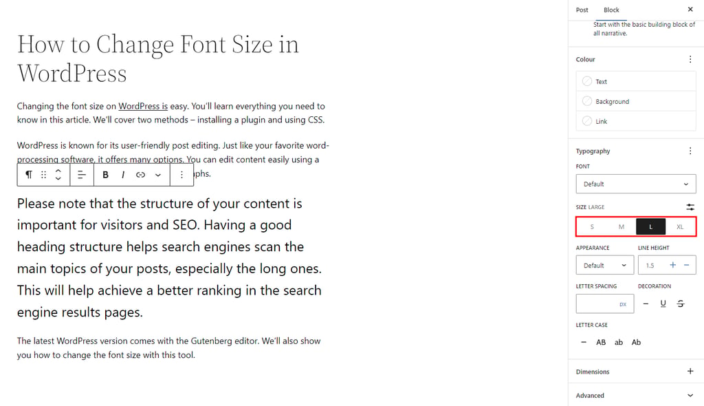 wordpress gutenberg editor ukuran preset typography