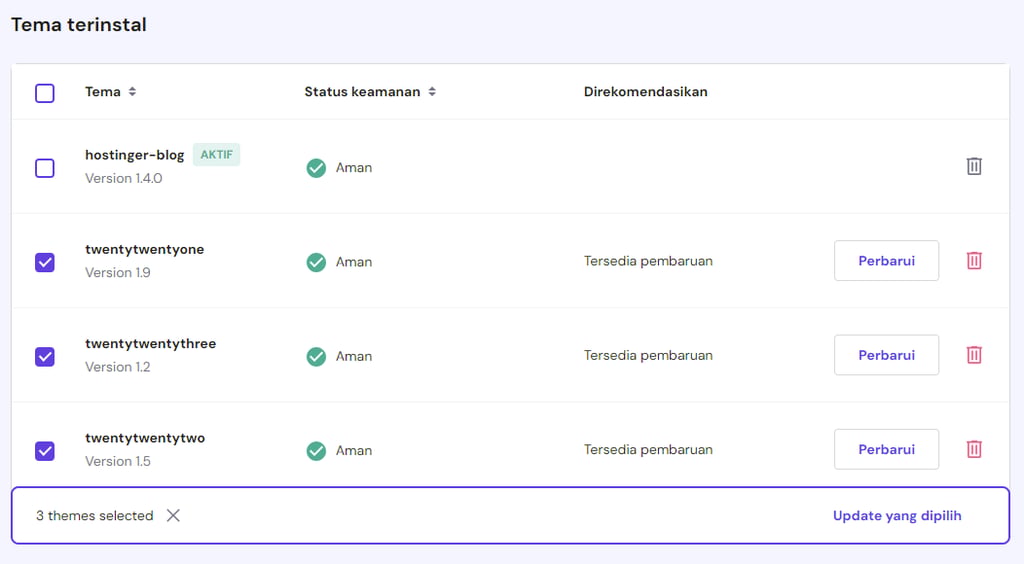 bagian tema terinstal di hpanel