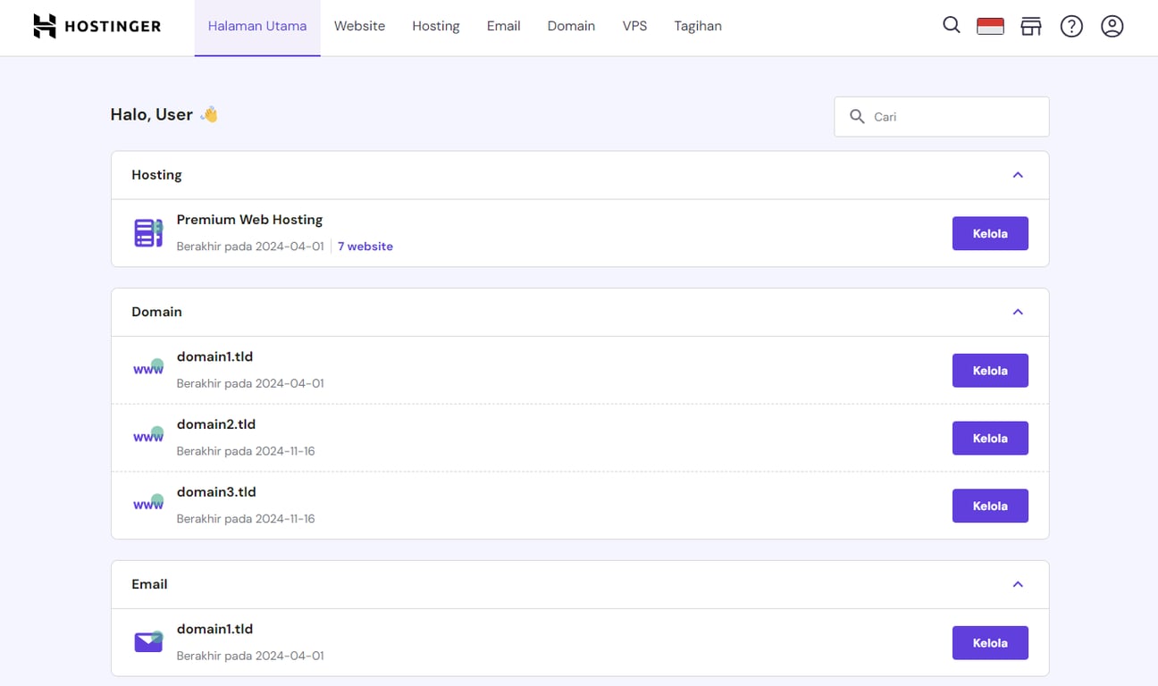 tampilan halaman utama hpanel hostinger