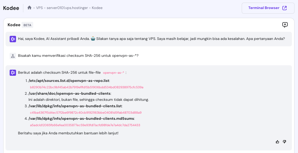 kodee menampilkan hasil pemeriksaan checksum sha-256 openvpn