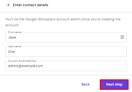 memasukkan detail kontak untuk setup google workspace