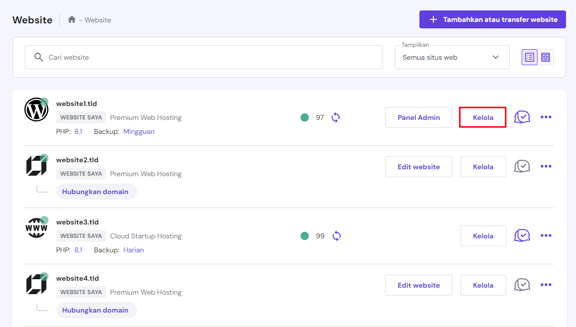 tampilan menu website di hpanel dengan tombol kelola website yang dipilih