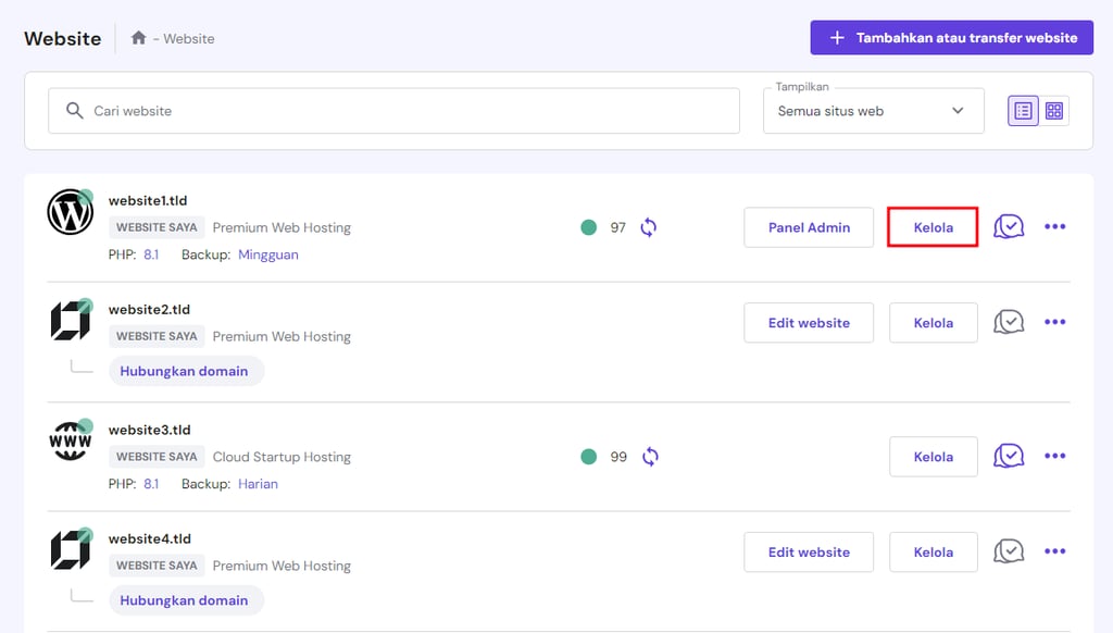 tampilan menu website di hpanel dengan tombol kelola website yang dipilih
