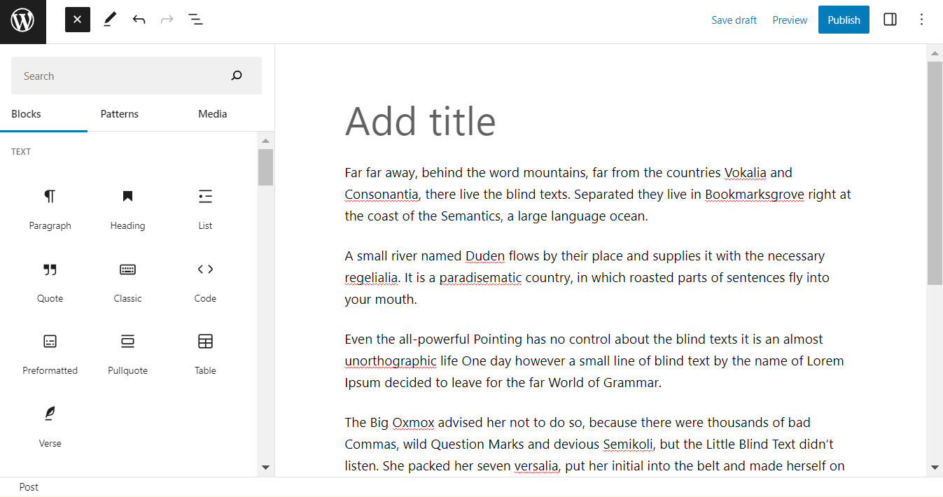 tampilan editor gutenberg wordpress