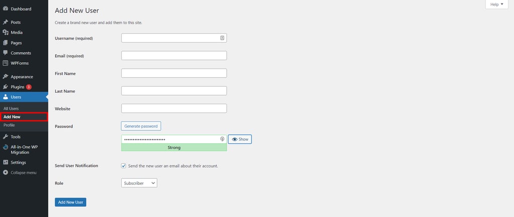 menambahkan user baru di dashboard WordPress